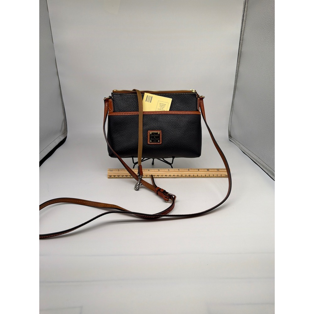Dooney & Bourke Black Pebbled Leather Crossbody Bag Tan Trim Small Zip Top